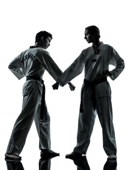 one couple man woman couple exercising karate taekwondo martial arts in silhouette studio isolated on white background