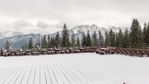 Tatra Mountains in winter. View from terrace on Gubalowka.