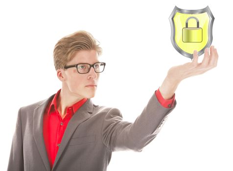 Young man holding protection shield isolated on white background