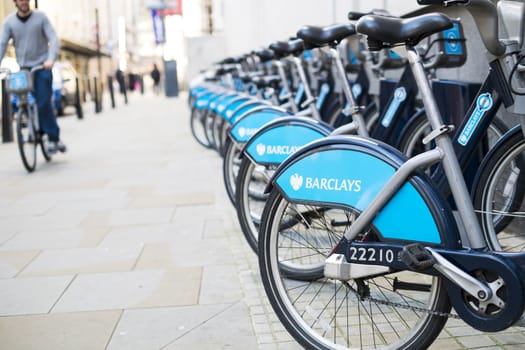 LONDON, UK - MARCH 14: Detail of bicycles for hire in central London. The popular scheme was implemented in 2010. March 01, 2014 in London.