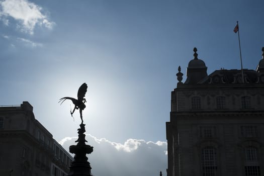 LONDON, UK - MARCH 14: Silhouette of Alfred Gilbert's statue of Eros in Piccadilly Circus. March 01, 2014 in London.