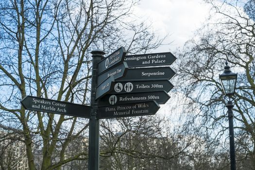 LONDON, UK - MARCH 14: Direction signs post in Hyde Park. March 01, 2014 in London.