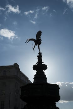 LONDON, UK - MARCH 14: Silhouette of Alfred Gilbert's statue of Eros in Piccadilly Circus. March 01, 2014 in London.