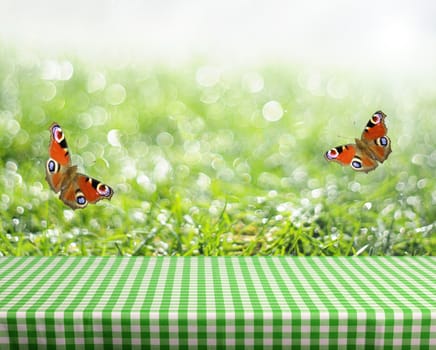empty table and fresh green grass in background