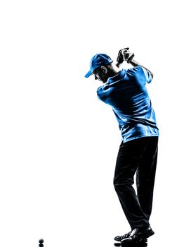 one man golfer golfing golf swing in silhouette studio isolated on white background