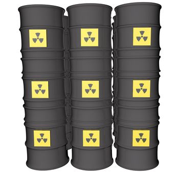 Nuclear danger symbol over many barrels, isolated over white, 3d render