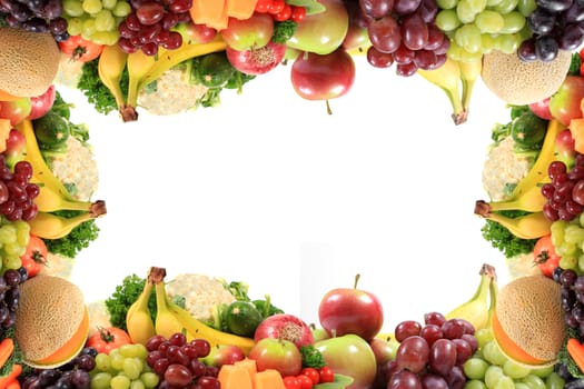 Border or frame of colorful fruits and vegetables like grapes, bananas, and cauliflower on a white background