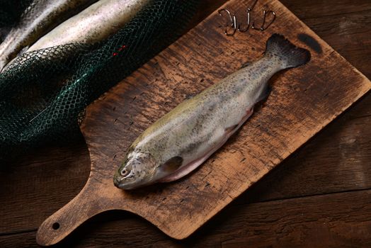 Fresh trouts on wooden background