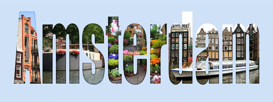 Amsterdam type with different tourist sites around the city