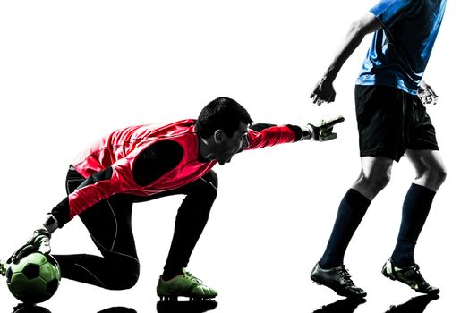 two caucasian soccer player goalkeeper men competition in silhouette isolated white background