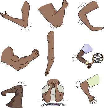 Various human elbows and arms on isolated background