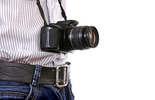 Man with Photocamera closeup on the White Background