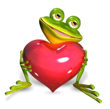 illustration merry green frog with red heart