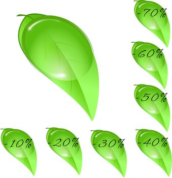 Leaf-shaped price tags for spring season discounts isolated on a white background