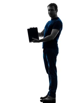 one caucasian man holding showing digital tablet  in silhouette on white background