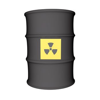 Nuclear danger symbol over metal barrel, isolated over white, 3d render