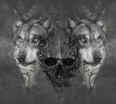 Wolf illustration. Tattoo design over grey background. textured backdrop. Artistic image