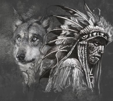 Wolf illustration. Tattoo design over grey background. textured backdrop. Artistic image