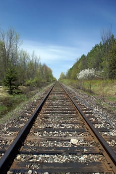 A railroad track going threw the wooded forests of Ontario, Canada.