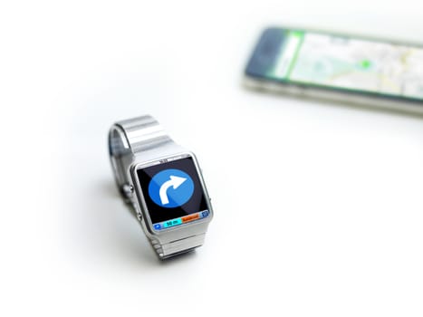concept of data watch, so called smart watch or iwatch. connects via bluetooth to smartphone