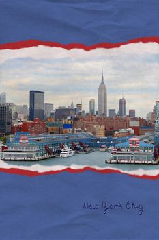 Ripped textured paper in red, white and blue, an illustration postcard of New York City, New York, USA, 