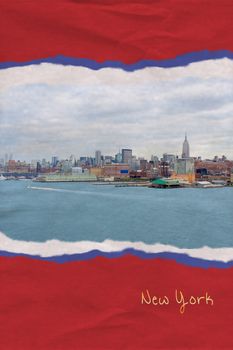 Ripped textured paper in red, white and blue, an illustration postcard of New York City, New York, USA, 