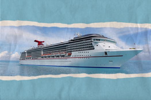 Textured ripped paper postcard of cruise ship in the clear blue Caribbean ocean 