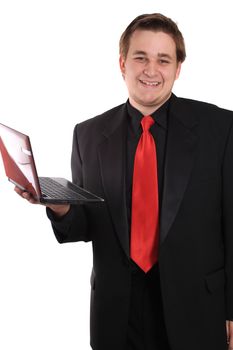 Handsome young businessman holding small computer laptop smiling on white background