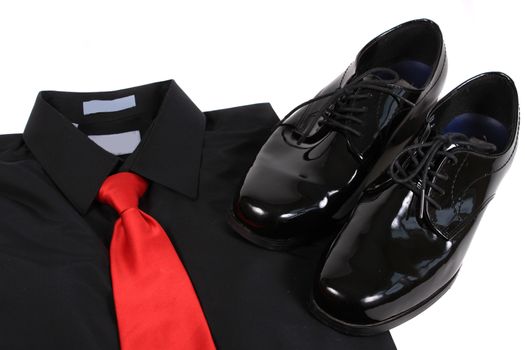 Mens shiny lace up formal black shoes with dress up shirt and red tie