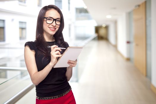 Business woman writing on the note pad indoors