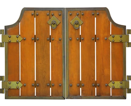 Wooden door with iron elements isolated on white background
