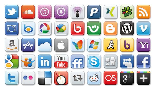 Collection of 45 most popular social media and network buttons, isolated on white background. With Clipping Path