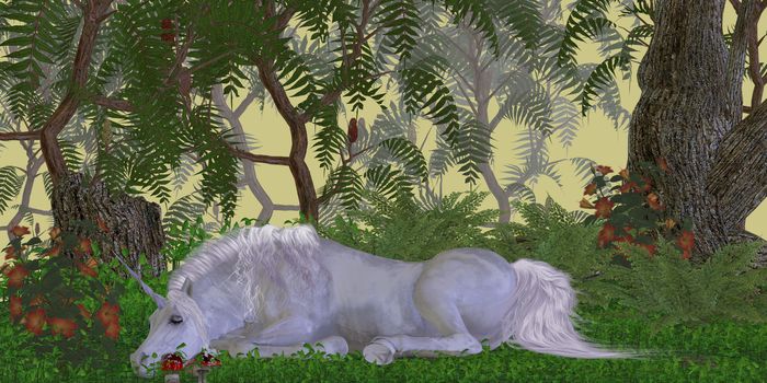 A beautiful white unicorn sleeps surrounded by flowers in a magical forest.