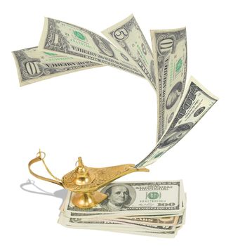 Money fly out of Aladdin's magic lamp. Business concept