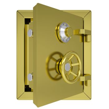 Opened gold safe. Isolated render on a white background