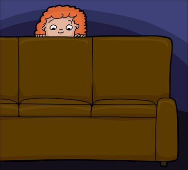Scared red haired child looking from behind sofa