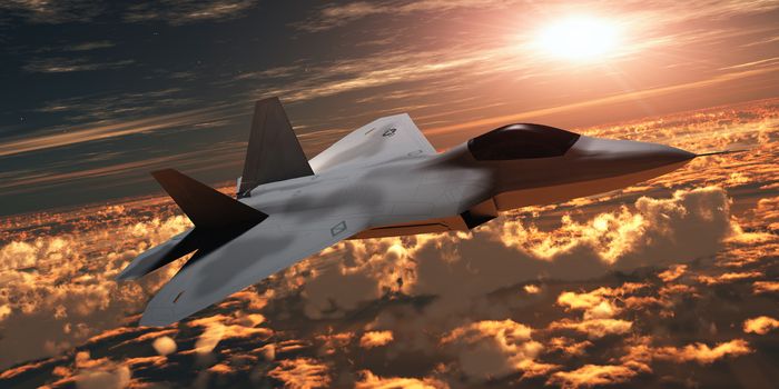 An F-22 fighter jet flies at an altitude above the cloud layer on its mission.