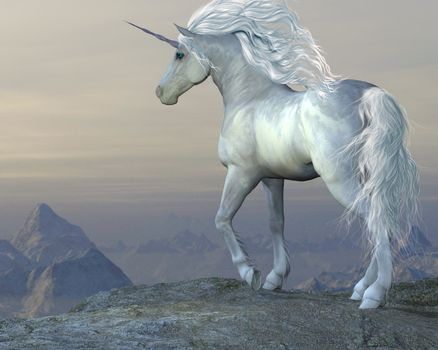 A white unicorn stallion looks over his vast territory from a mountain cliff.