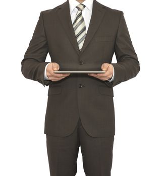 Man in suit holding tablet pc. Crop