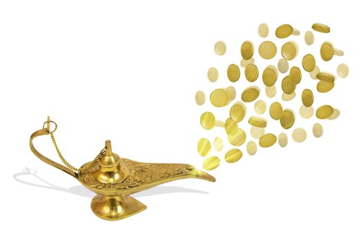 Money fly out of Aladdin's magic lamp. Business concept