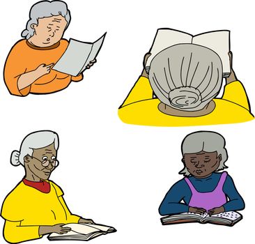 Drawings of senior women reading over white background