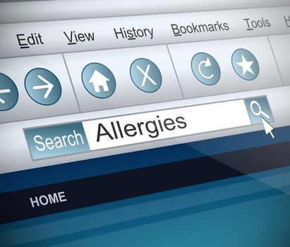 Illustration depicting a screenshot of an internet search with an allergies concept.