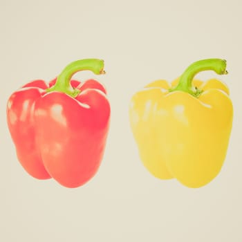 Vintage retro looking Red and yellow peppers isolated over white background