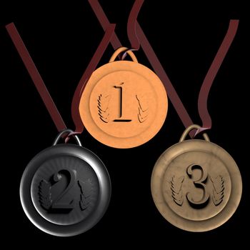 Gold, silver and bronze medals over black, 3d render