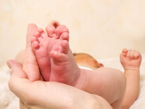 Infant laying on its back with feet held by parent