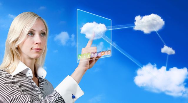 businesswoman works with cloud computer