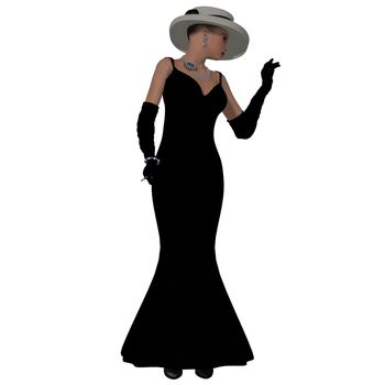 A woman dressed in a black fashion dress and hat from the 1960s.