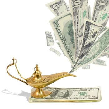 Money fly out of Aladdin's magic lamp. Business concept