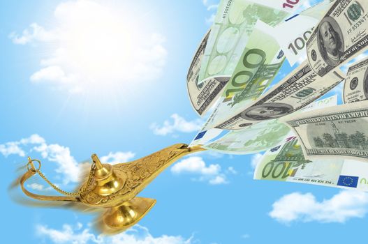 Money fly out of Aladdin's magic lamp. Business concept