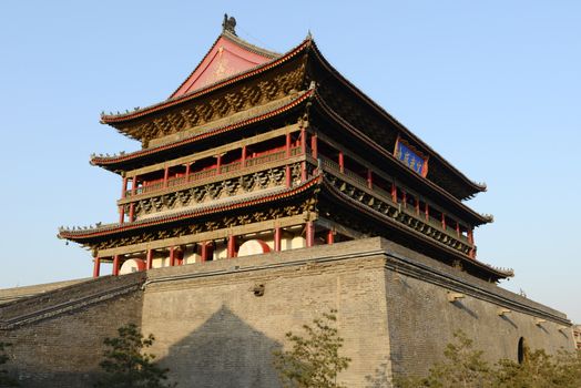 The famous Chinese ancient building of Drum Tower at the city center of Xian, China